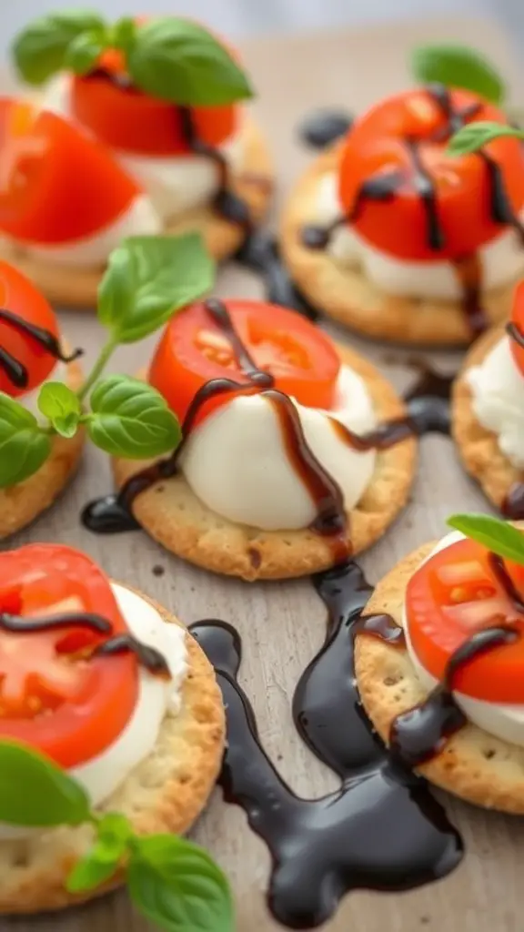 Caprese salad crackers topped with mozzarella, tomatoes, basil, and balsamic glaze.