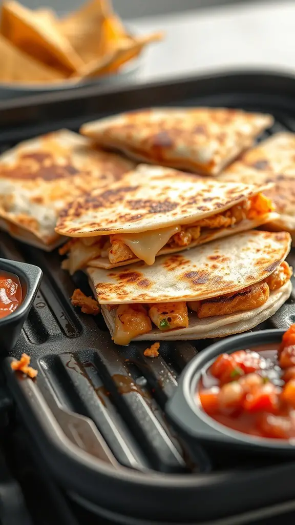 Grilled BBQ chicken quesadillas with salsa on the side
