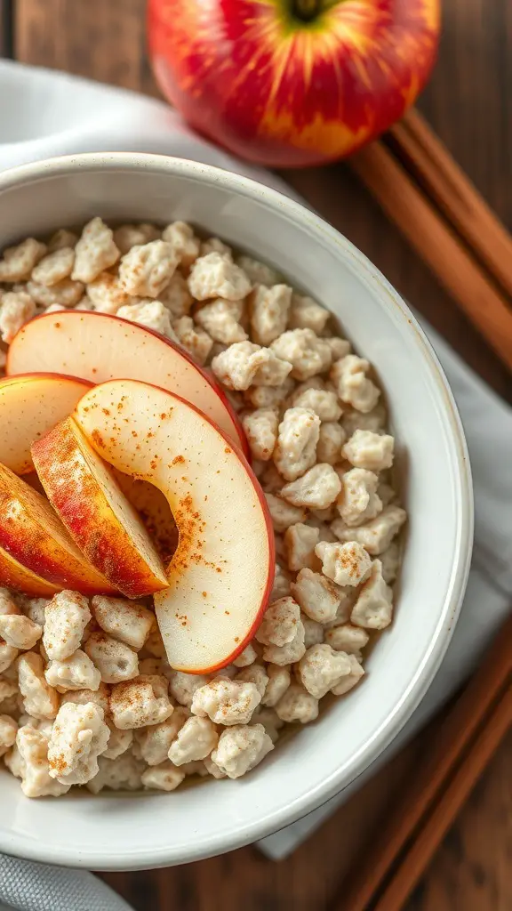 Bowl of apple cinnamon oatmeal topped with apple slices and cinnamon, with a red apple beside it.