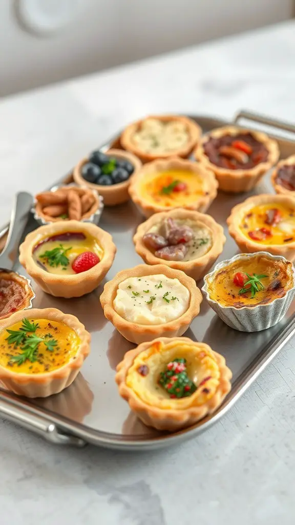 A tray of assorted mini quiches with various toppings.