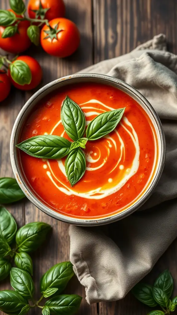 A bowl of creamy tomato basil soup garnished with basil leaves, surrounded by fresh tomatoes and basil on a wooden table.