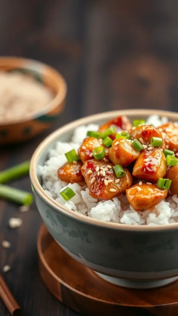 A bowl of Teriyaki Chicken Rice with diced chicken, green onions, and sesame seeds on top.
