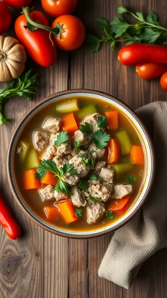 A bowl of hearty ground turkey and vegetable soup surrounded by fresh tomatoes and herbs.