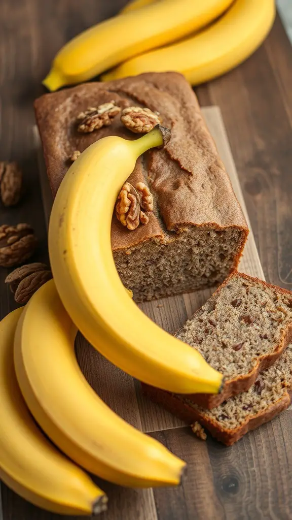 A loaf of buckwheat banana bread with bananas and walnuts on a wooden table.