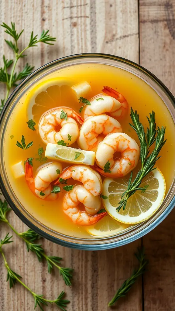 A bowl of Lemon Herb Shrimp Soup with shrimp, lemon slices, and herbs on a wooden table.