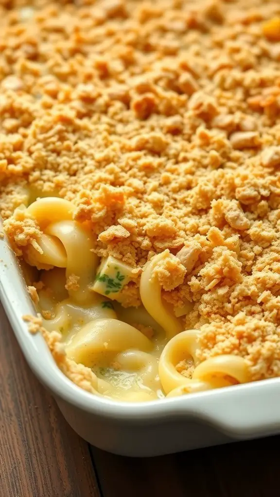 A close-up of egg noodle casserole with a crunchy topping, showing creamy noodles and a golden-brown crust.