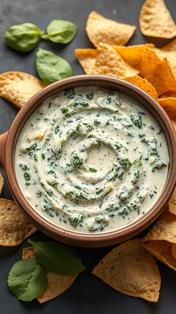 Creamy spinach and artichoke dip in a bowl surrounded by tortilla chips