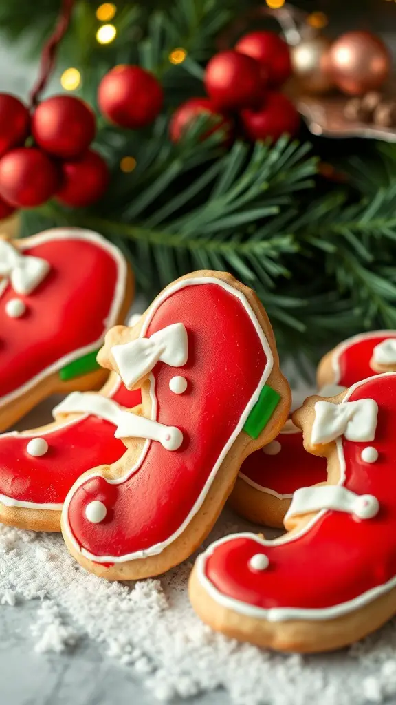 Decorated elf shoe cookies with red icing and white details