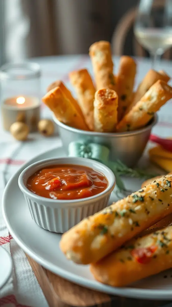 A plate of cheesy garlic breadsticks with marinara sauce
