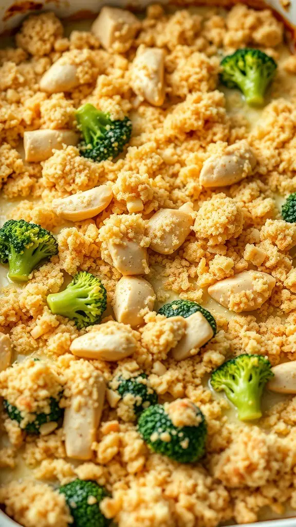 A delicious chicken and broccoli casserole topped with a crunchy layer, featuring diced chicken and broccoli.