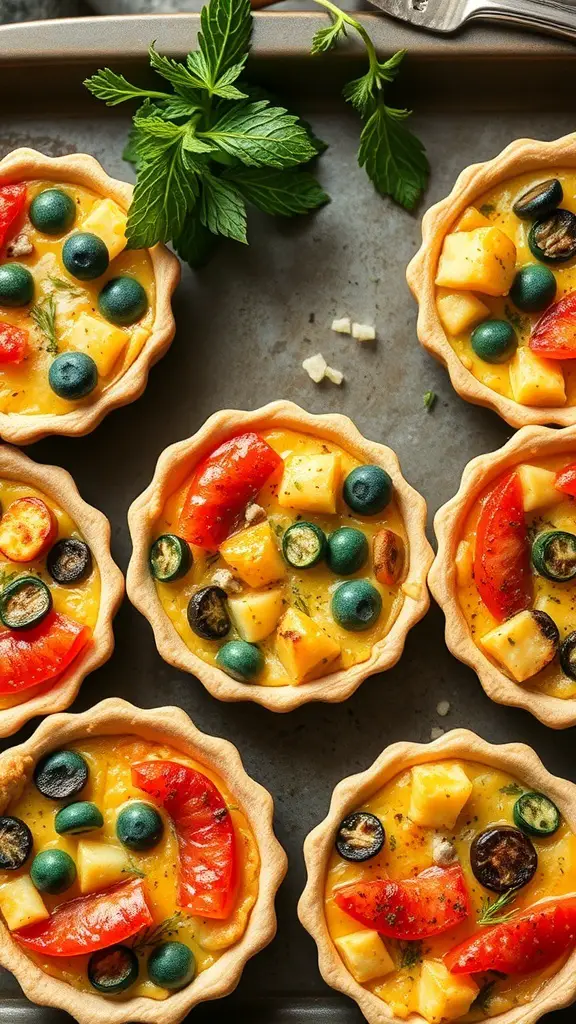 An assortment of mini quiches filled with seasonal vegetables, displayed on a baking tray.