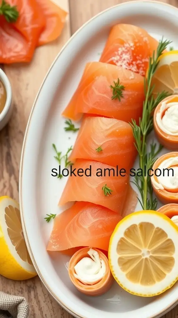 Smoked salmon and cream cheese roll-ups with lemon slices and herbs