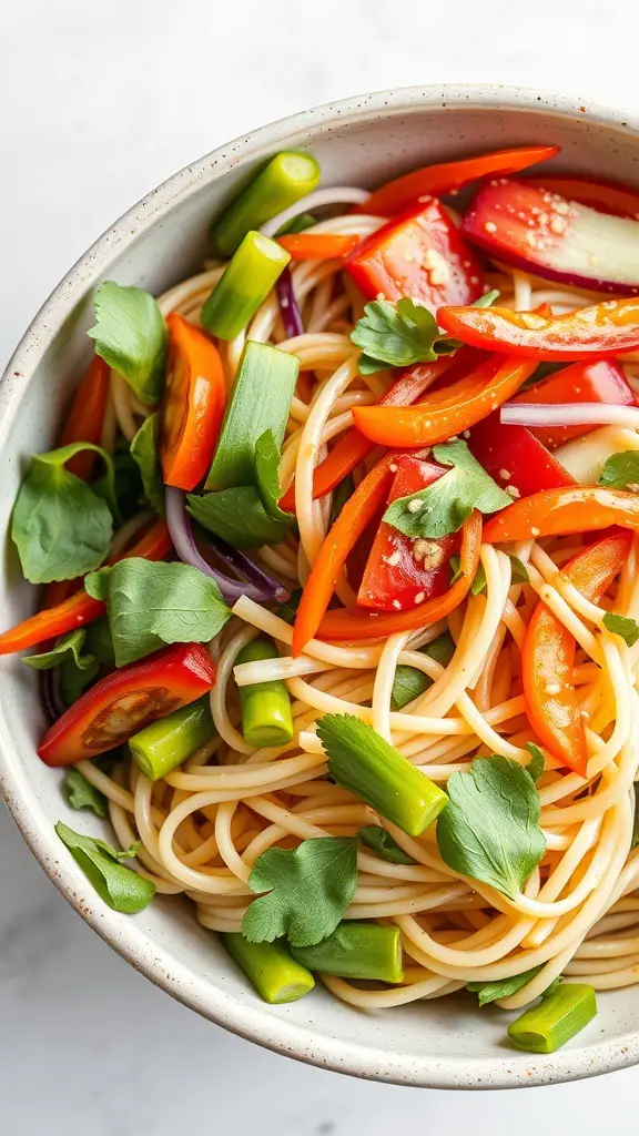 A bowl of cold noodle salad with colorful vegetables