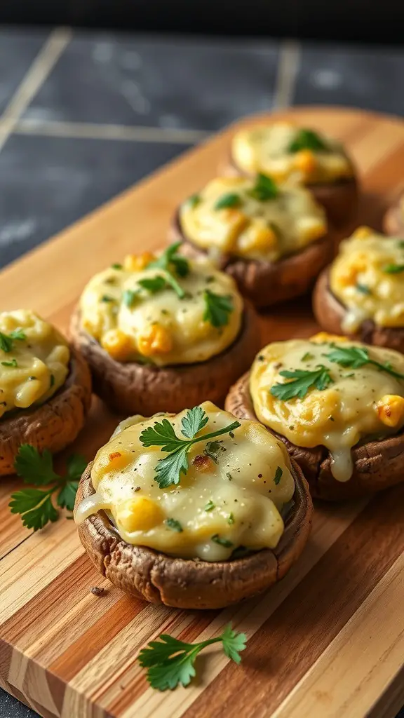 A platter of stuffed mushrooms topped with melted cheese and garnished with herbs.