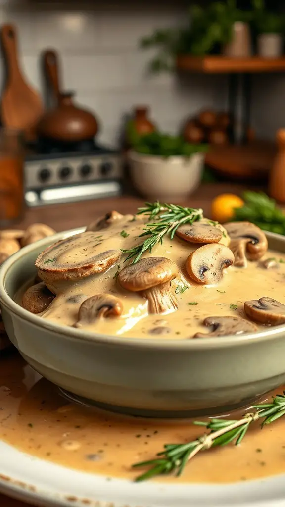 A bowl of creamy mushroom and thyme pot roast with fresh thyme sprigs on top.