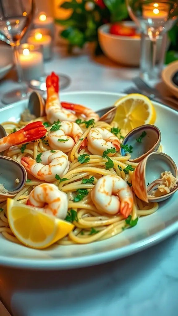 A plate of seafood linguine with shrimp, clams, and lemon, set in a cozy dinner atmosphere.