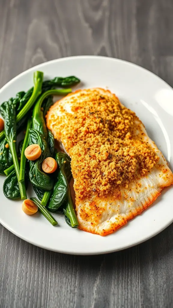 A plate of baked breaded tilapia with spinach and sliced vegetables