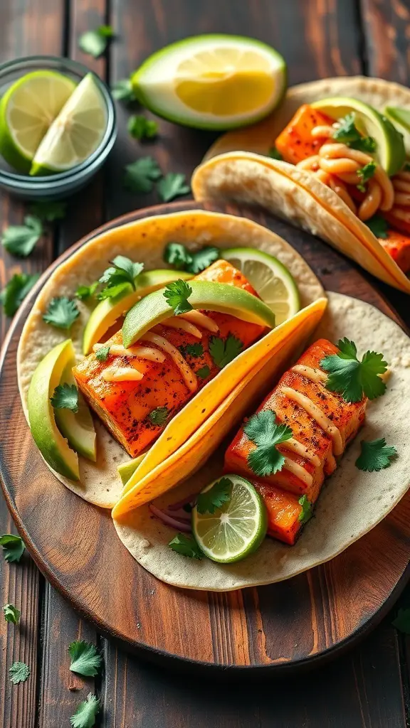 Delicious smoked salmon tacos with lime and cilantro on a wooden platter.