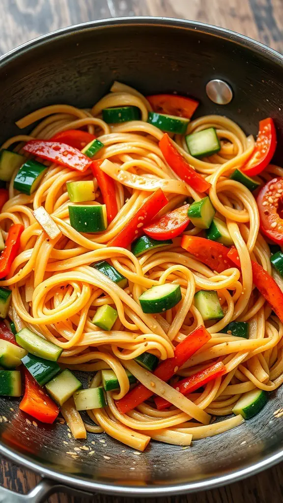 A pan of stir-fried egg noodles with red bell peppers and green zucchini.