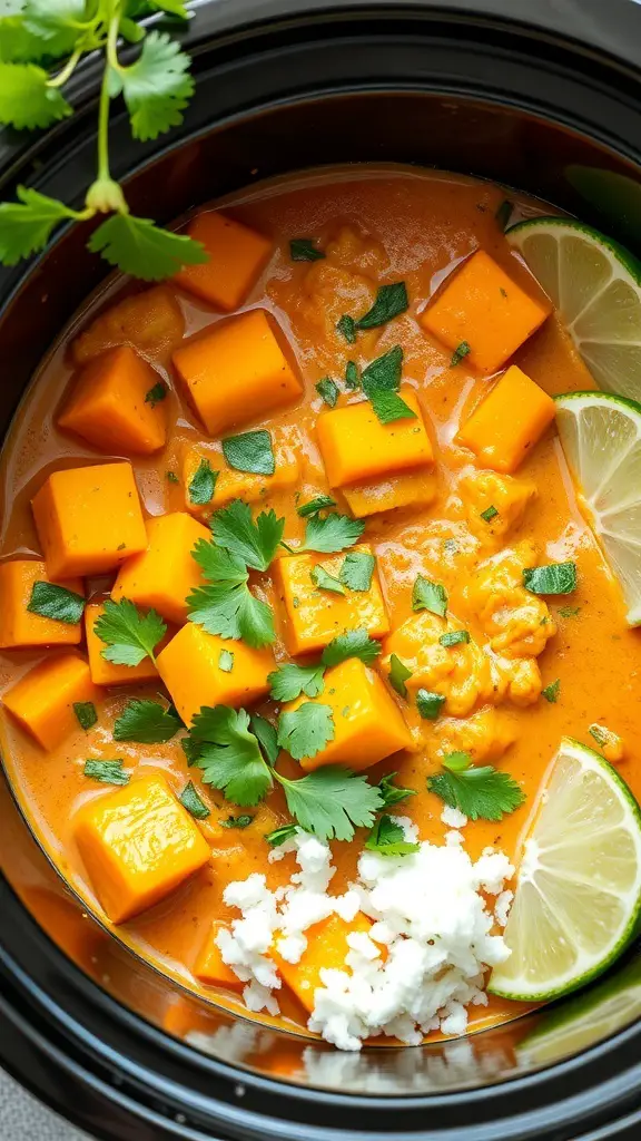 A bowl of Coconut Curry Butternut Squash with cubes of squash, cilantro, and lime
