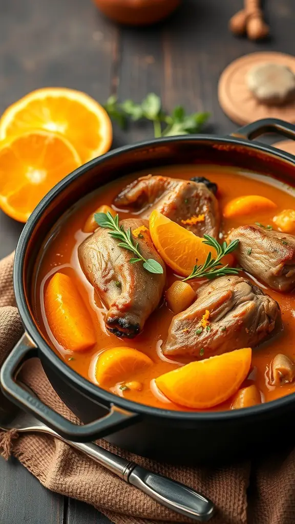 A bowl of rich duck and orange stew with orange slices and herbs