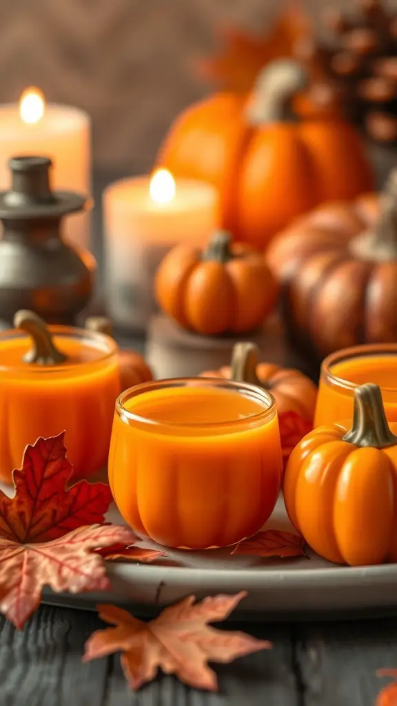 Pumpkin spice jello shots surrounded by pumpkins and autumn leaves.