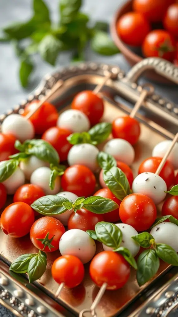 Mini Caprese skewers with cherry tomatoes, mozzarella balls, and basil on a decorative tray.