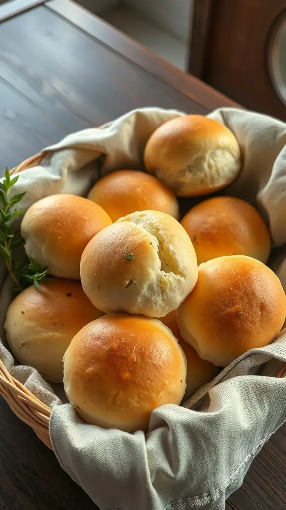 A basket of freshly baked herbed dinner rolls