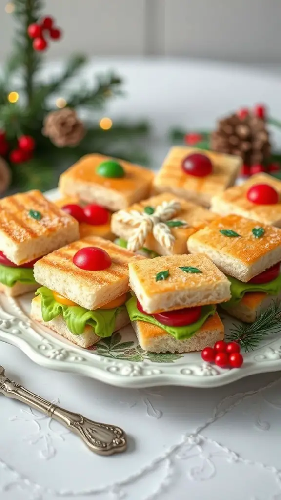 A festive platter featuring miniature holiday sandwiches with colorful toppings.