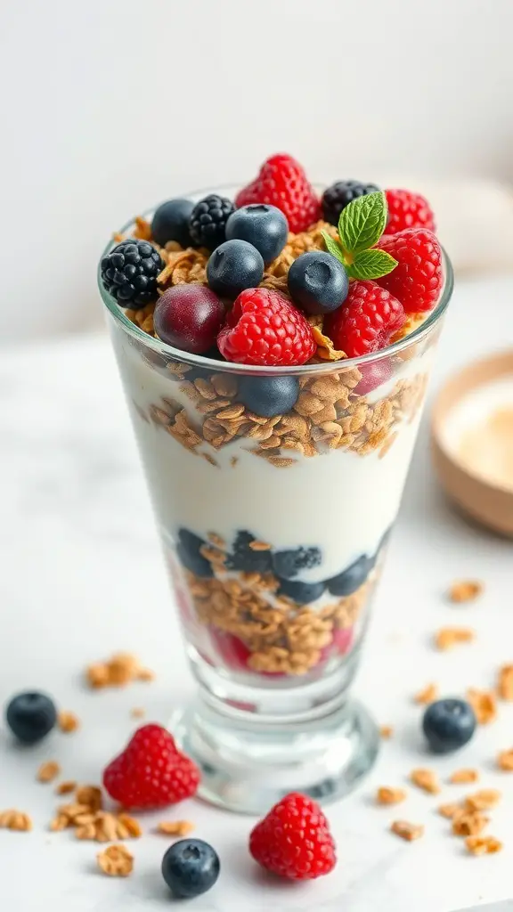 A delicious Greek yogurt parfait with layers of yogurt, granola, and fresh berries.