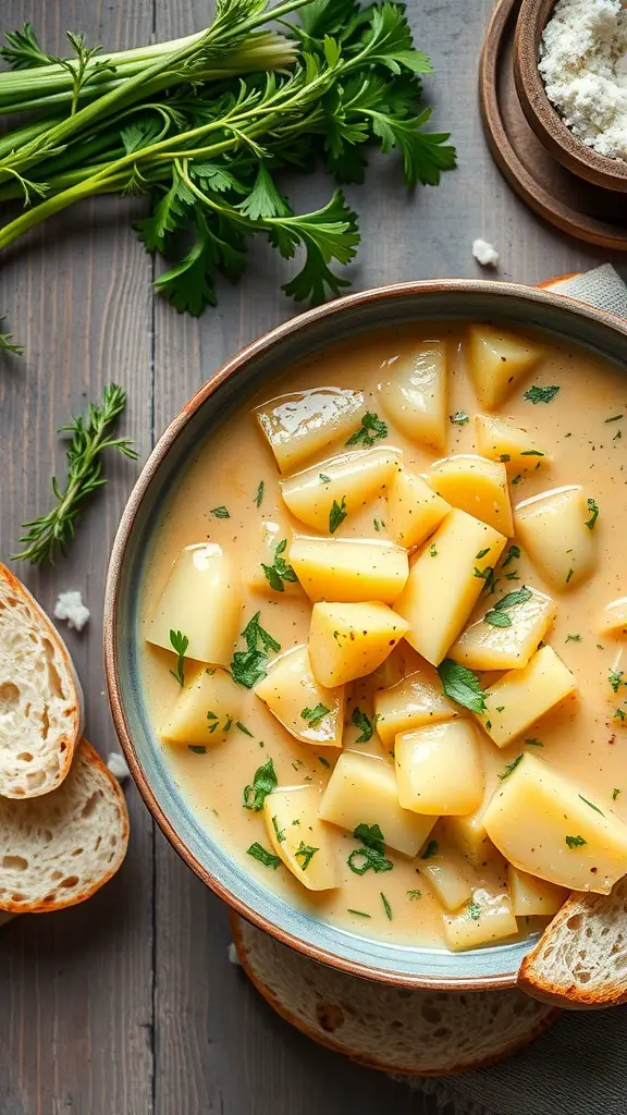 A bowl of potato and leek stew with parsley and slices of bread on the side.