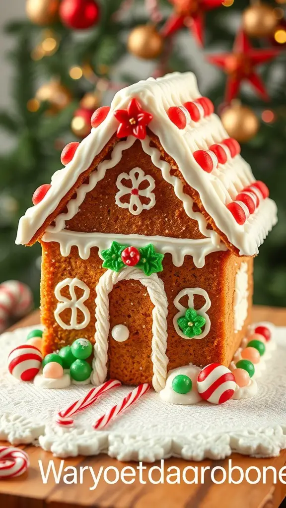 A beautifully decorated rustic gingerbread house cake with colorful candies and icing.