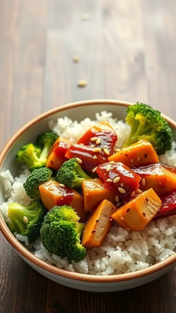 A bowl of teriyaki chicken rice with broccoli and sesame seeds