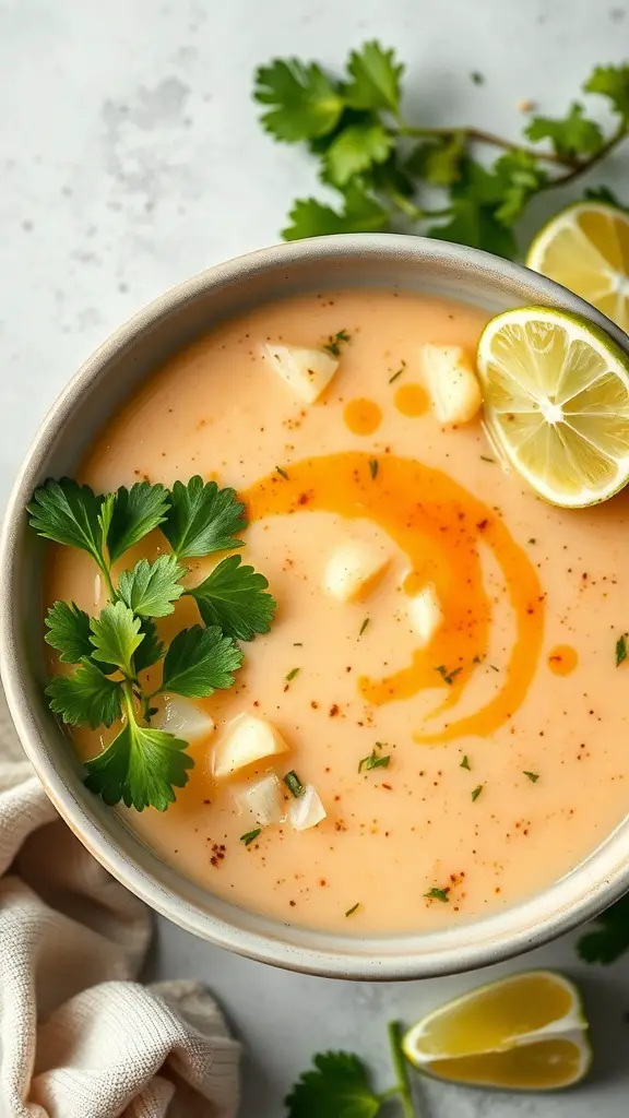 A bowl of Thai-inspired cauliflower soup garnished with cilantro and lime slices.