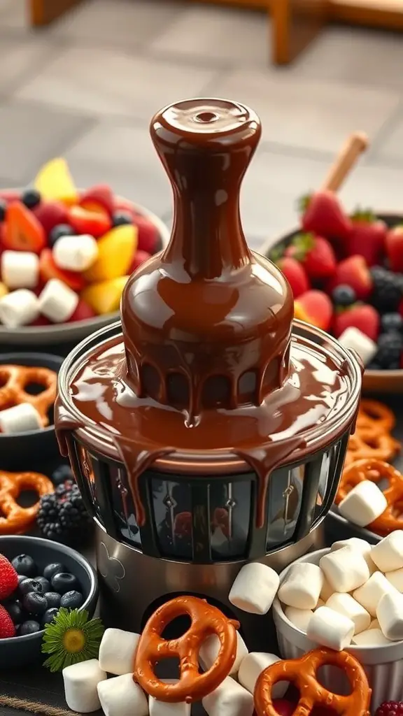 A chocolate fondue fountain surrounded by various dippables like fruits, pretzels, and marshmallows.