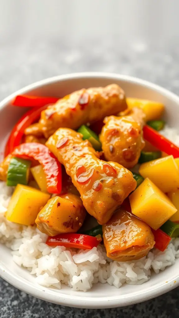 A delicious plate of sweet and sour chicken tenderloins with bell peppers and pineapple on rice.