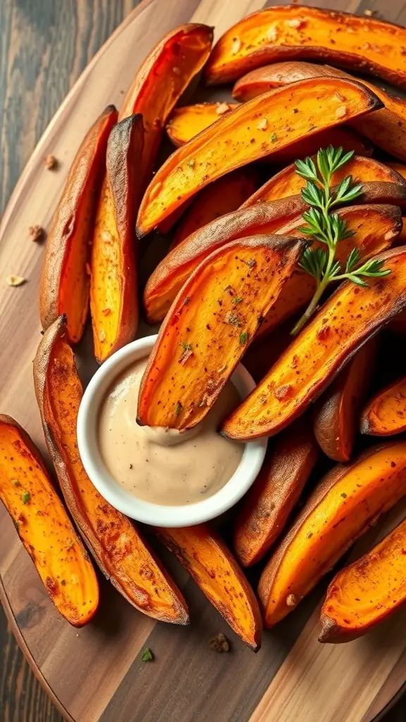 A plate of spiced sweet potato wedges with a small bowl of dipping sauce