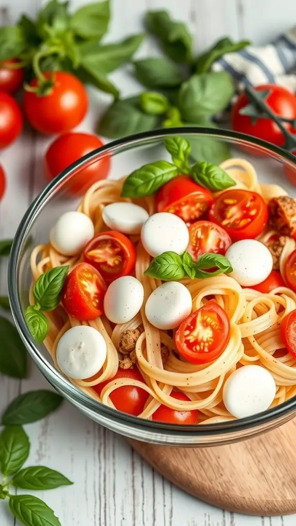 A bowl of Caprese Rigatoni Salad with cherry tomatoes, mozzarella balls, and fresh basil.