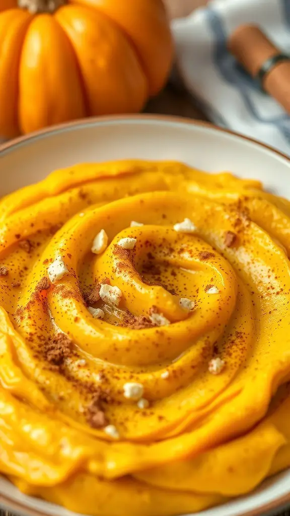 A creamy pumpkin and ricotta puree garnished with crushed nuts and cinnamon, served in a bowl with a whole pumpkin in the background.