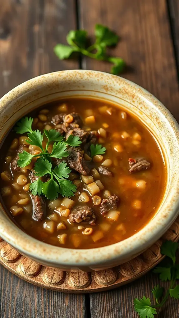 A bowl of rich beef barley soup with fresh parsley on top.