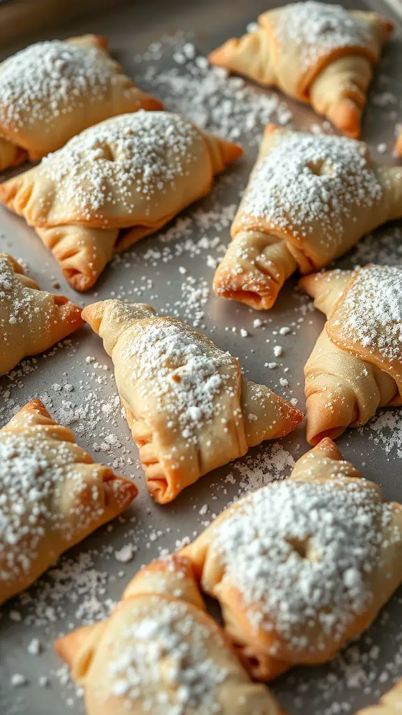Golden-brown apple turnovers dusted with powdered sugar on a baking sheet.