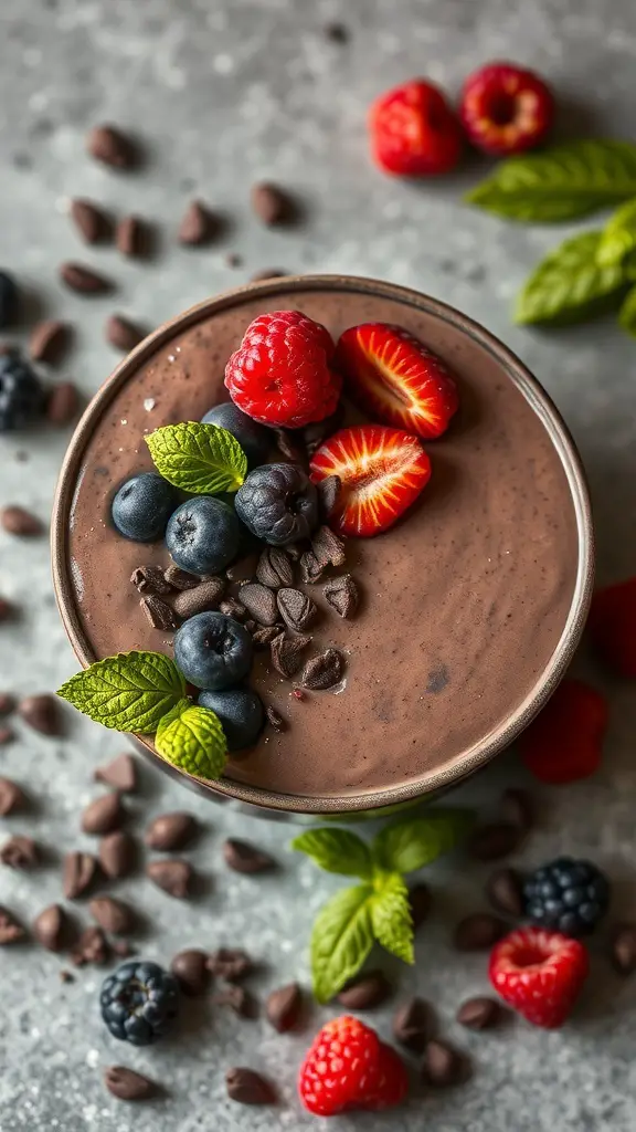 A bowl of Cacao Berry Bliss Bowl topped with fresh berries and chocolate chips.