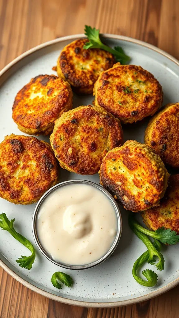 Plate of zucchini and cheese fritters with a creamy dipping sauce
