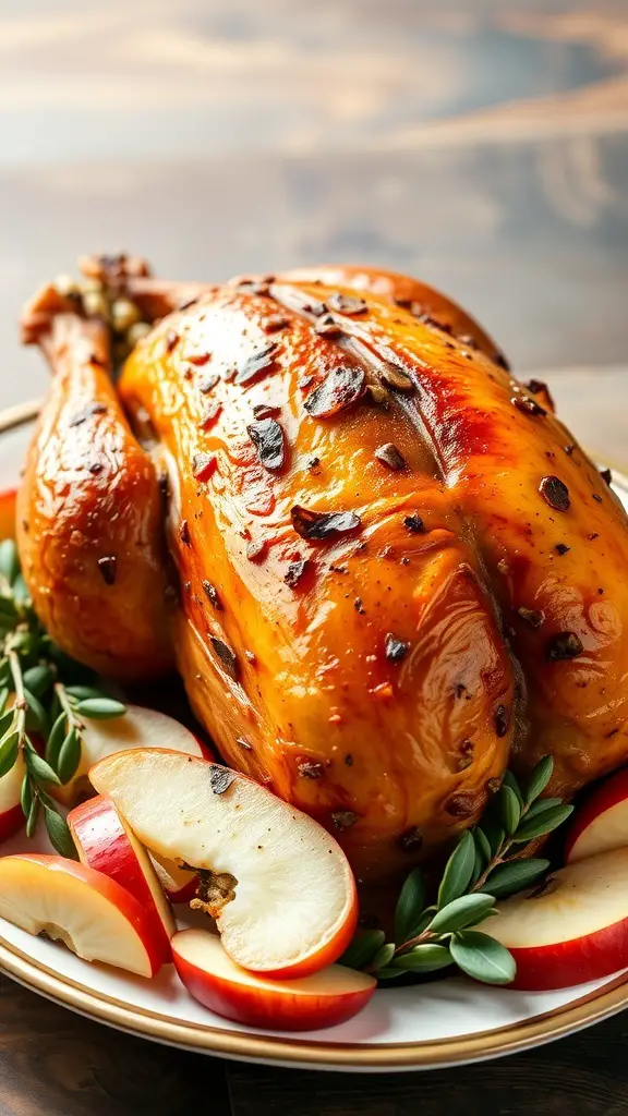 A beautifully roasted turkey with apple slices and sage garnishing the plate.
