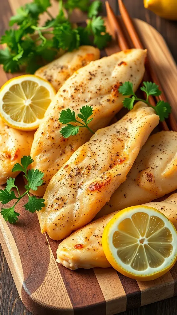 Lemon pepper chicken tenders with lemon slices and cilantro on a wooden board