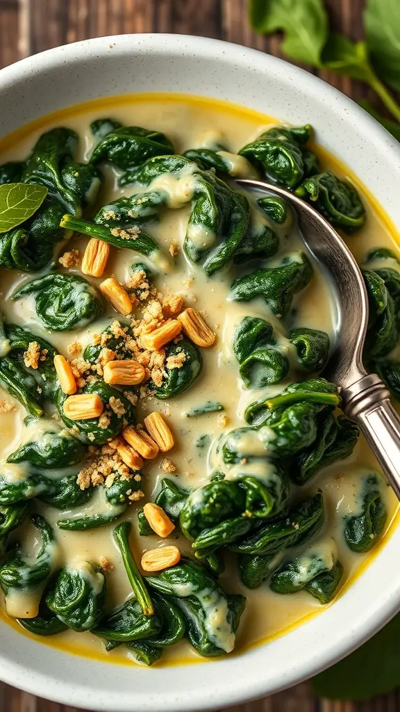 A bowl of creamed spinach topped with toasted pine nuts, showcasing a creamy texture and vibrant green color.