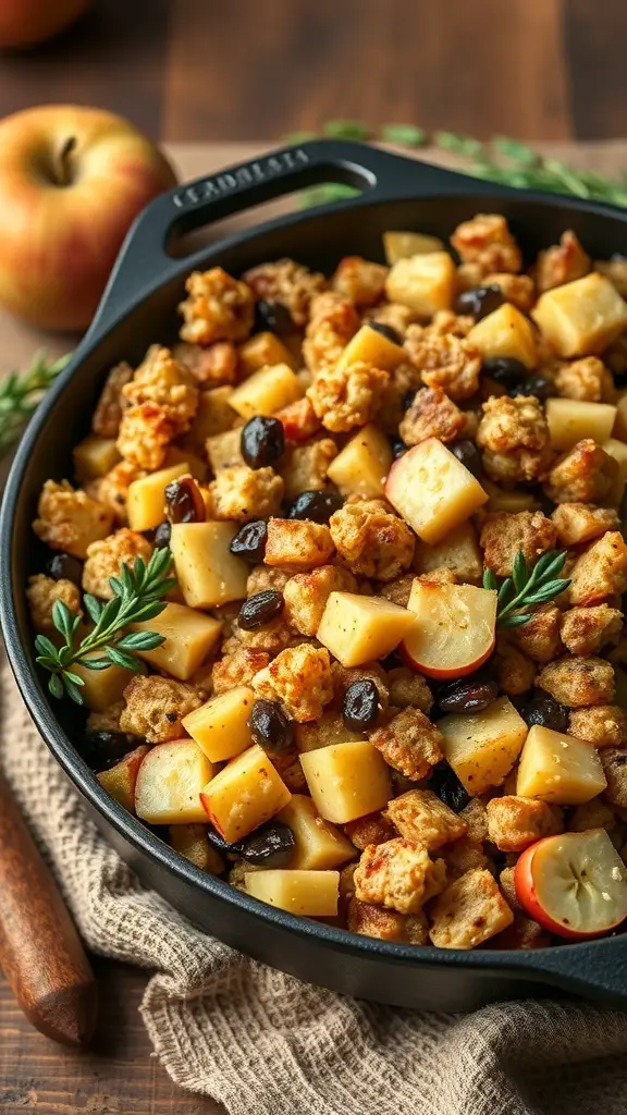 A close-up of spiced apple and raisin stuffing in a black skillet, featuring bread cubes, diced apples, and raisins.