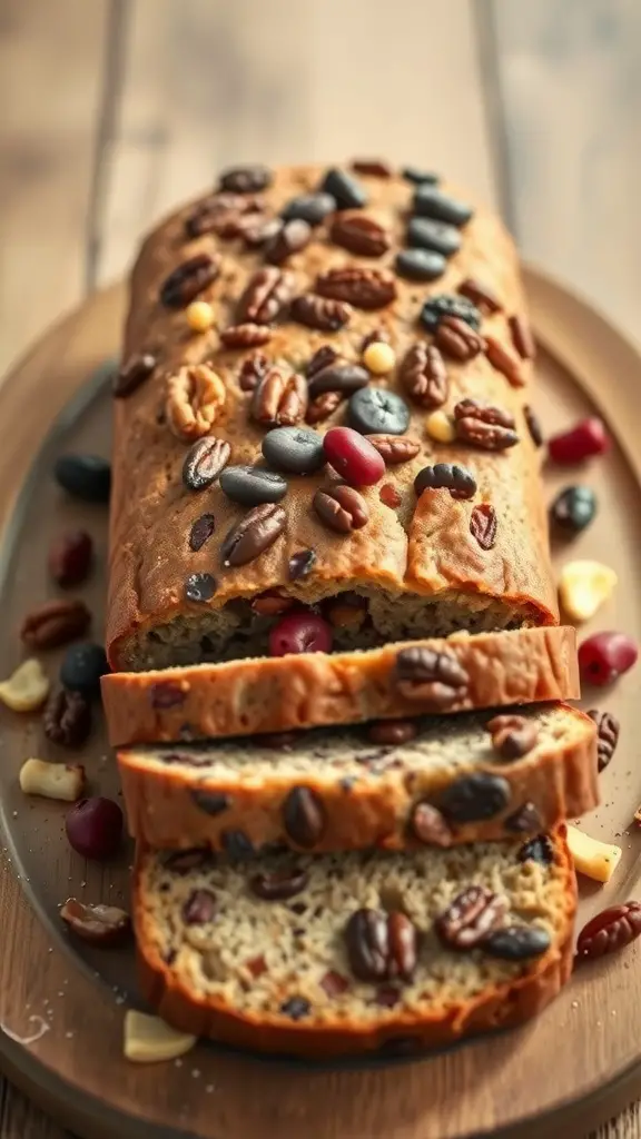 A loaf of fruit and nut bread topped with assorted nuts and dried fruits, sliced and presented on a wooden platter.