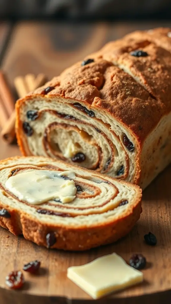 A loaf of cinnamon raisin bread with a slice cut out, showing its swirled interior and a pat of butter on top.