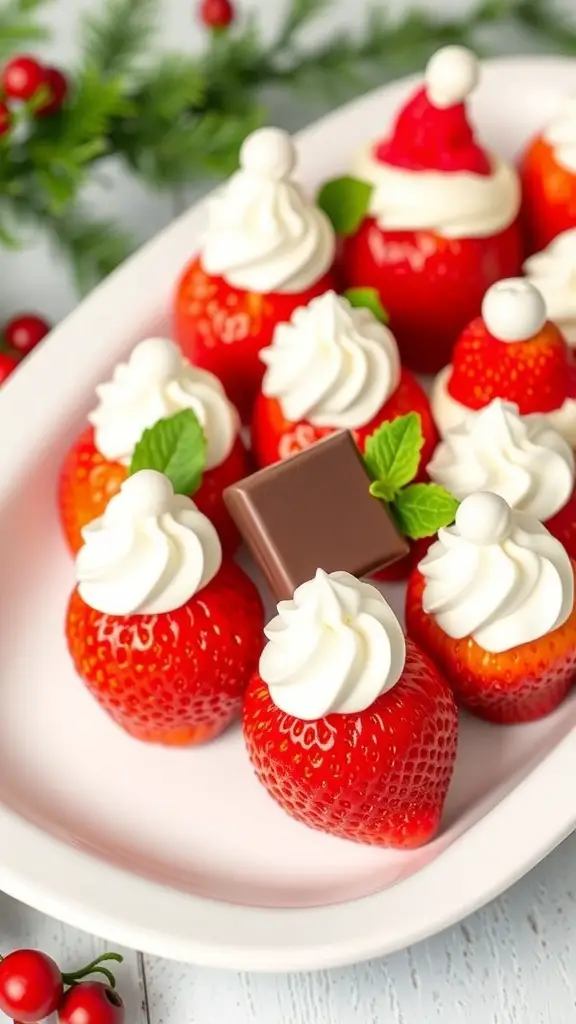 A plate of Santa Hat Strawberry Treats, featuring strawberries topped with whipped cream and chocolate.